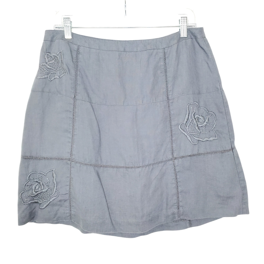 Noa Noa Linen Mini Skirt M Gray Embroidered Flowers Lined lagenlook Boho